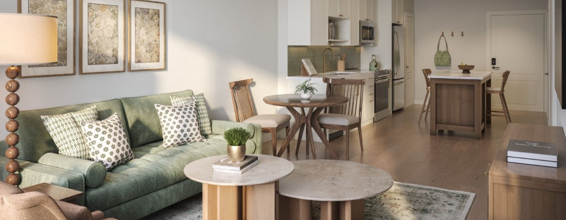 a living room with a couch and a table