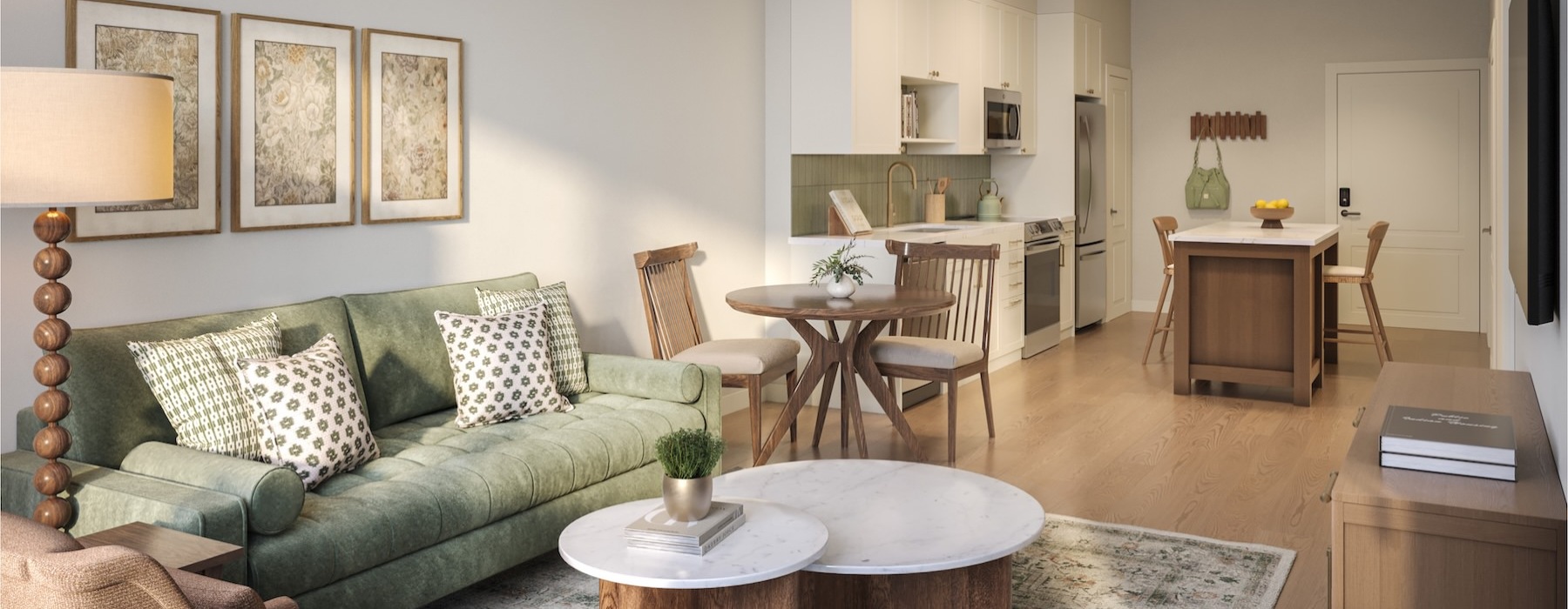 a living room with a couch and a table