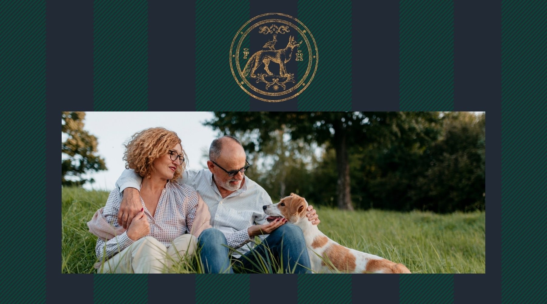 a man and a woman petting their dog