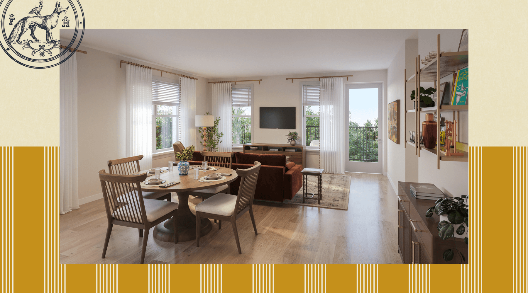 a living room with a tv, couch, table and chairs