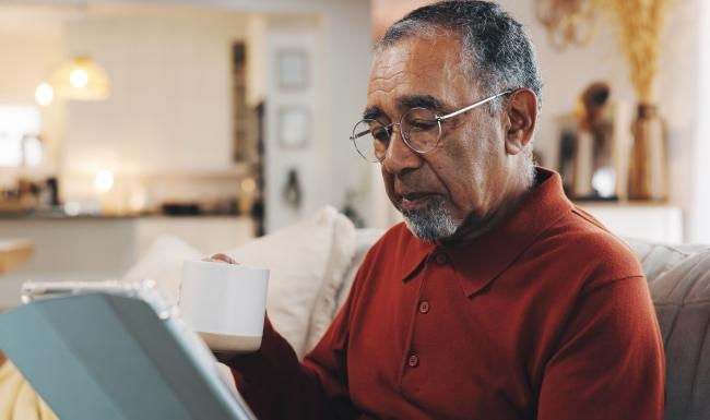 a man looking at an iPad and holding a cup